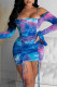Sky Blue Fashion Sexy Print Tie Dye Draw String Backless Square Collar Long Sleeve Dresses