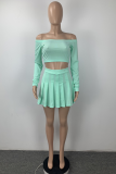 Cyan Sexy Solid Split Joint Off the Shoulder Long Sleeve Two Pieces