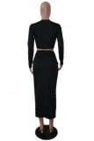 Black Sexy adult Fashion Slim fit Print Split Solid Two Piece Suits Hip skirt Long Sleeve Two-P