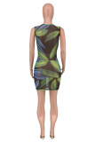 Green Fashion Sexy Print See-through O Neck Sleeveless Dress