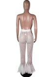 White Polyester Elastic Fly Mid Hooded Out ruffle Patchwork Boot Cut Pants Pants