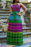 Multicolor Bohemian Print Patchwork Halter Lantern Dress Dresses