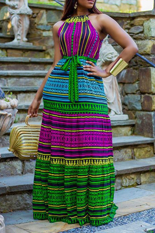 Multicolor Bohemian Print Patchwork Halter Lantern Dress Dresses