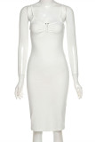 White Fashion Sexy Solid Fold V Neck Sling Dress