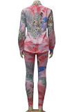 Pink Fashion British Style Adult Polyester Print Split Joint Turndown Collar Long Sleeve Regular Sleeve Regular Two Pieces
