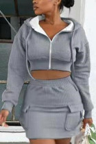 Grey Casual Solid Hooded Collar Long Sleeve Two Pieces