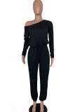 Black Sexy Solid Polyester Long Sleeve one shoulder collar