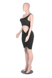 Blue Fashion Sexy Solid Hollowed Out One Shoulder Sleeveless Dress