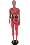 Red Sexy Print Bandage O Neck Sleeveless Two Pieces