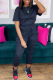 Black Casual Solid Patchwork O Neck Short Sleeve Two Pieces