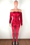Red Fashion Sexy Patchwork Solid bandage Long Sleeve one word collar 