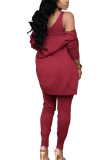 Wine Red Polyester Fashion Casual Solid pencil Long Sleeve Two Pieces