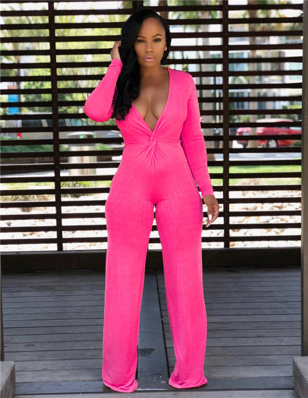 rose red Elastic Fly High Solid Loose Pants Jumpsuits & Rompers