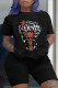 Black Fashion Casual Print Basic O Neck Short Sleeve Two Pieces