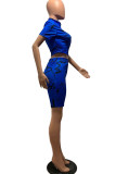 Blue Fashion Casual adult Ma'am Patchwork Print Two Piece Suits Straight Short Sleeve Two Pieces