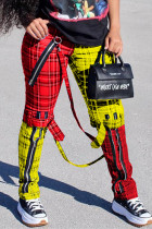 Red Yellow Fashion Casual Plaid Print Split Joint Regular Mid Waist Trousers