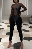 Black Sexy Patchwork Mesh Half A Turtleneck Skinny Jumpsuits