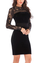 Black Fashion Long Sleeves O neck Slim Dress Mini Patchwork Long Sleeve Dresses