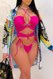 Blue Sexy Print Hollowed Out Split Joint Swimwears