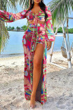 Blue Fashion Sexy Print Slit V Neck Long Sleeve Two Pieces