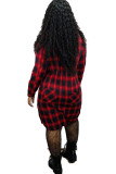 Red Polyester Casual Shirt sleeves Long Sleeves Turndown Collar Step Skirt Knee-Length Plaid Long Sleev