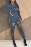 Grey Work Daily Solid Ripped O Neck Long Sleeve Two Pieces