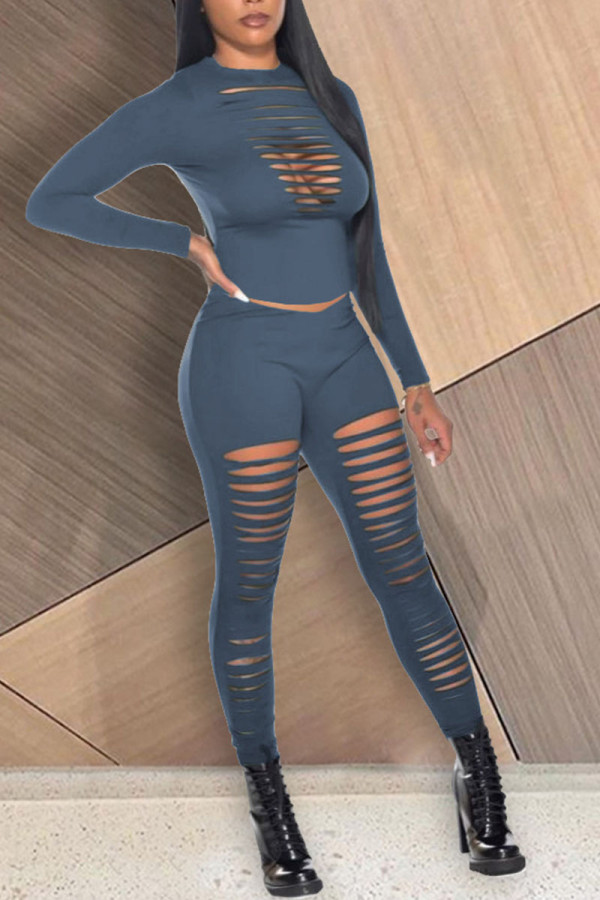 Grey Work Daily Solid Ripped O Neck Long Sleeve Two Pieces