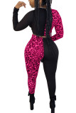 rose red Polyester Sexy Patchwork Two Piece Suits Leopard Straight Long Sleeve