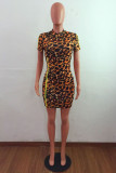 Leopard Print Fashion Sexy Print Leopard Slit O Neck Short Sleeve Dress