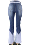 Baby Blue Polyester Drawstring High Patchwork Boot Cut Pants Bottoms