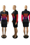 Black Sportswear Graffiti Turndown Collar Wrapped Skirt Dresses