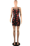 Black Fashion Sexy Lips Printed Backless O Neck Sling Dress