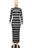 Grey Fashion Street Adult Milk Fiber Patchwork Print Split Joint O Neck Long Sleeve Ankle Length One-piece Suits Dresses