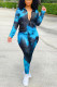 Blue Black Casual Print Patchwork Turndown Collar Long Sleeve Two Pieces