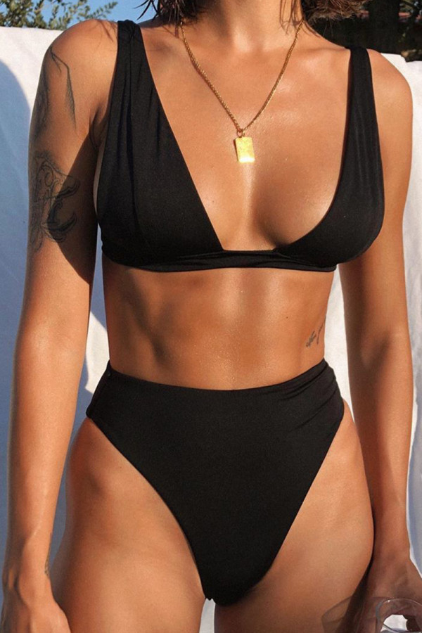 Black Sexy Solid Swimwears