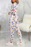 multicolor Sexy Print Cotton Long Sleeve V Neck Jumpsuits