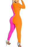 Orange Fashion Casual Adult Milk Fiber Patchwork Solid Ripped Split Joint O Neck Skinny Jumpsuits