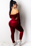 Wine Red Sexy Solid Two Piece Suits pencil Long Sleeve Two-piece Pants Set
