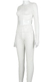 White Sexy Solid Ripped Hollowed Out Patchwork O Neck Long Sleeve Two Pieces