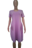 Pink Polyester Fashion Casual adult Ma'am Cap Sleeve Short Sleeves V Neck Swagger Knee-Length Solid Dresses