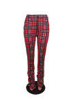 Wine Red Casual Plaid Yes(Elastic) Mid Waist Straight Bottoms