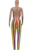Black Sexy Striped Spaghetti Strap Regular Jumpsuits