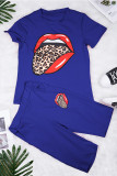Blue Fashion Casual adult Patchwork Print Two Piece Suits Lips Print pencil Short Sleeve Two Pieces