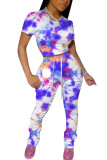 Royal blue Fashion Casual Patchwork Print Tie Dye Two Piece Suits pencil Short Sleeve Two Pieces