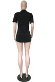 Black Polyester O Neck Short Sleeve Split Letter Tees & T-shirts