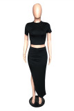 Black Fashion Casual Solid Slit O Neck Short Sleeve Two Pieces
