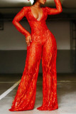 Red Fashion Casual Solid Patchwork V Neck Regular Jumpsuits