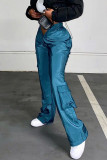 Blue Casual Solid Pocket Regular High Waist Speaker Bottoms