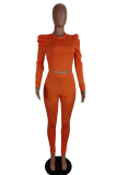 Tangerine Red Casual Solid Patchwork O Neck Long Sleeve Two Pieces