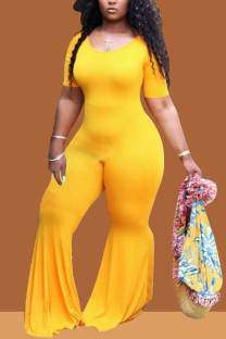 Yellow Polyester Fashion Sexy O Neck Solid Plus Size